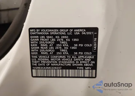 2021 Volkswagen Atlas Cross Sport 3.6L V6 Se W/Technology R-Line z USA, uszkodzony, nr VIN 1V2RE2CA3MC226237